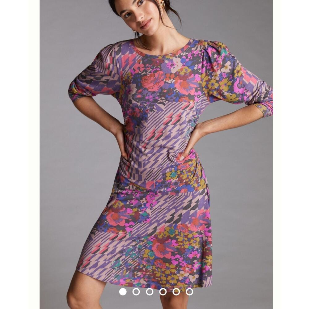 Anthropologie Daily Practice Ruched Mini Jersey Floral Print Long Sleeve Dress M